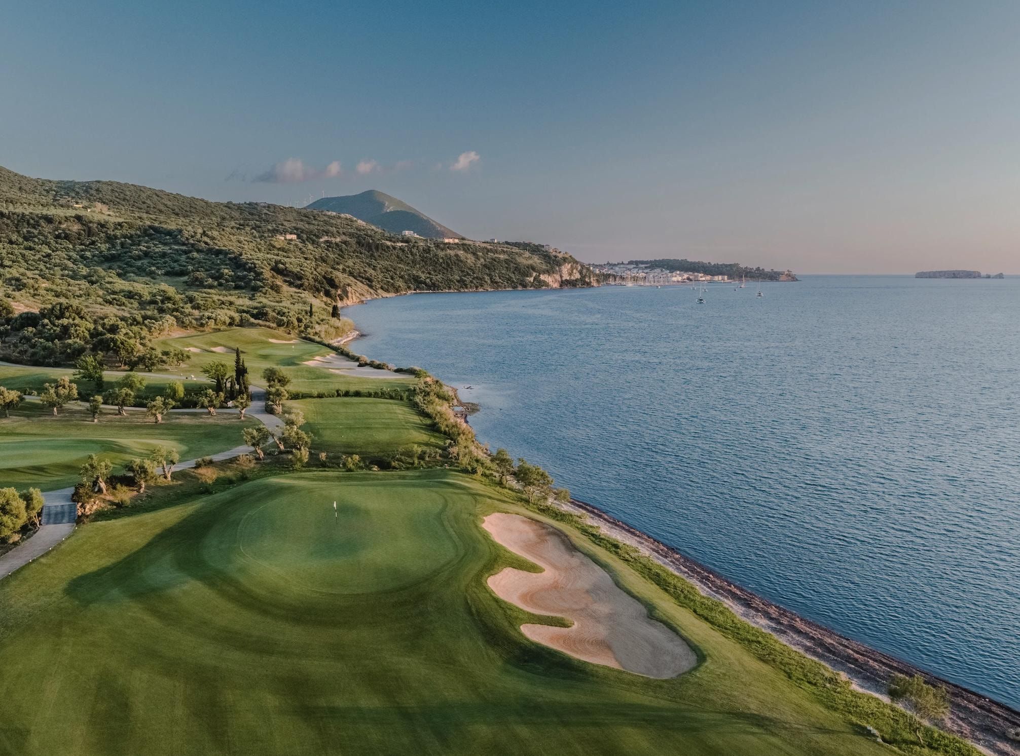 A golf course on the Costa Navarino coast, the bay beyond