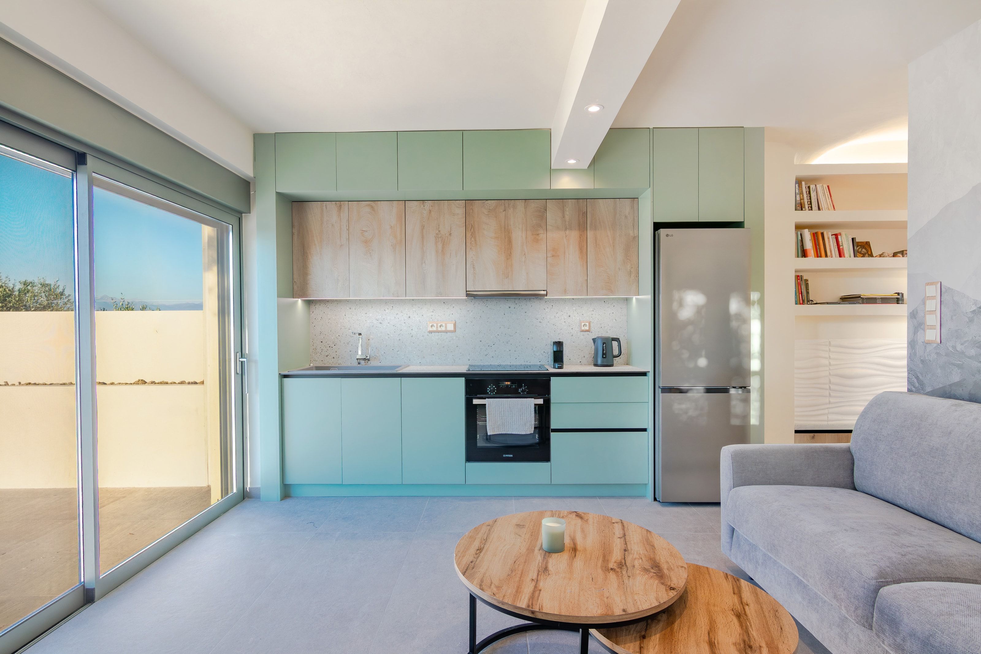 Ground-floor apartment kitchen and sofa