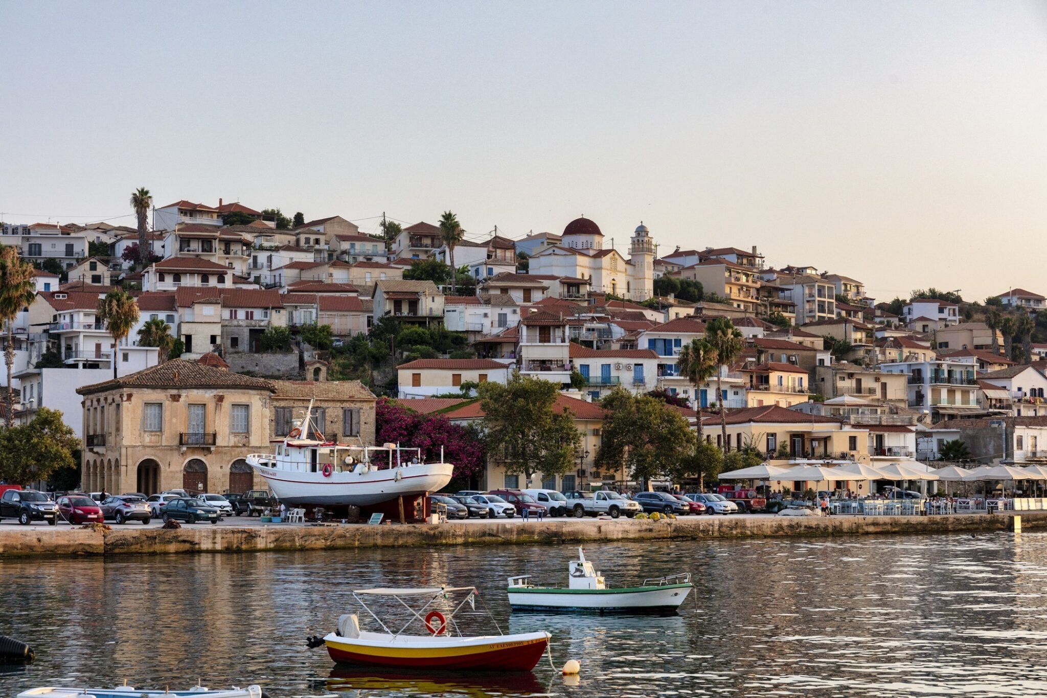Koroni from the harbour: the town climbing the hill above the quay
