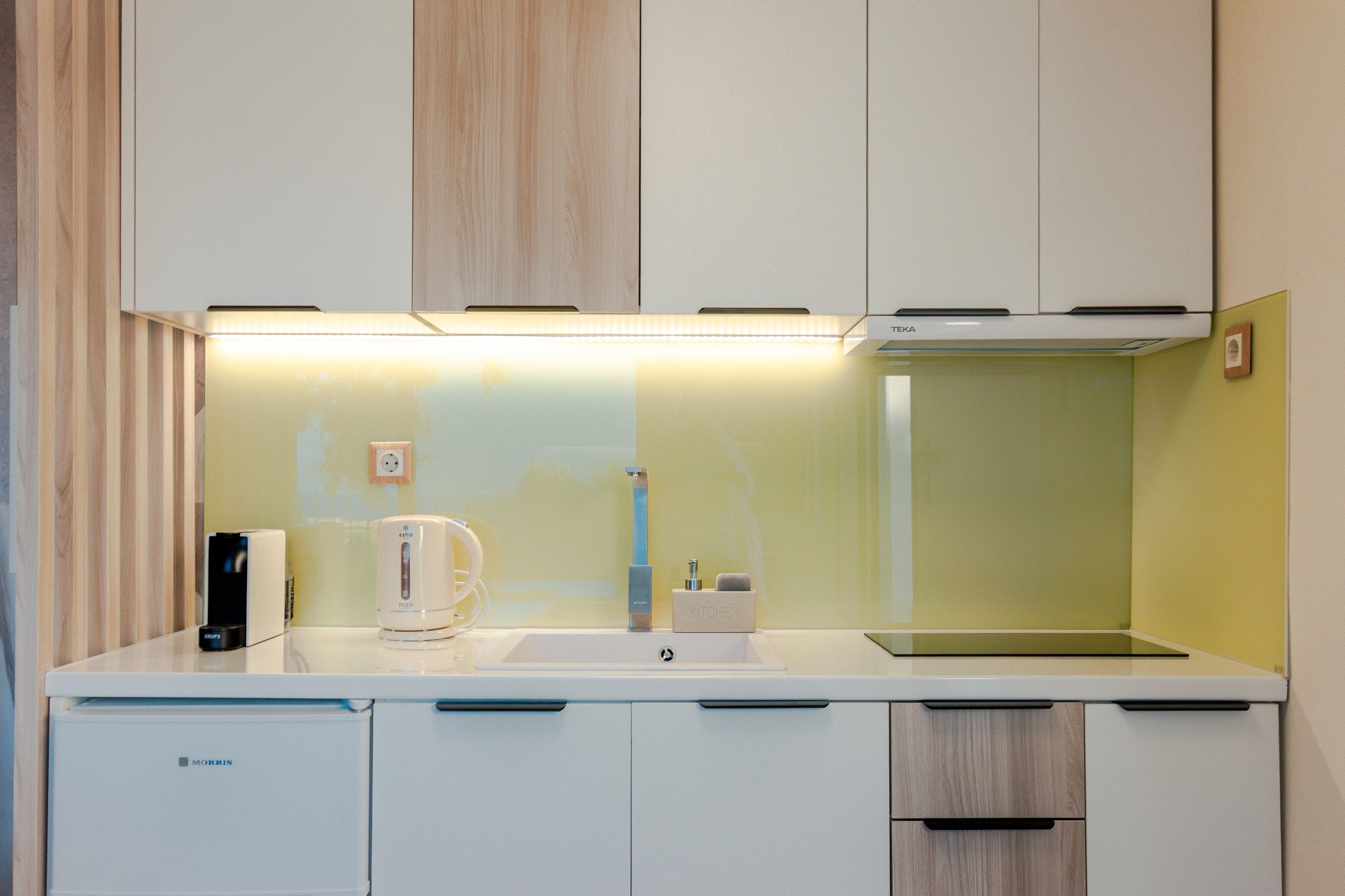 Studio kitchenette and shelves